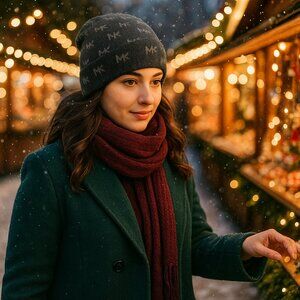 Michael Kors Monogram Knit Beanie — Charcoal Gray • Soft Acrylic • Winter Luxe